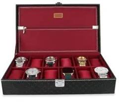 LEDO Unisex Watch Box Holder Organizer Case In 12 Slots of watches In PU Leather Royal Black & Cherry color