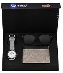 LORENZ Gift Box Combo of Men's Grey Dial Watch, Grey Wallet & Black wayfarer sunglasses | CM 3034SN1 WL 25