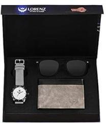 LORENZ Leather Gift Box Combo Of Men'S Grey Dial Analog Watch, Grey Wallet & Black Wayfarer Sunglasses, Cm 3034Sn1 Wl 25