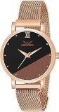 LOUIS DEVIN Black Dial And Rose Gold Plated Band Mesh Chain Analog Wrist Stainless Steel Watch For Women RG142 BLK