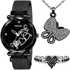 Mikado Black Analog Watch, Bracelet & Pendant Set for Girls and Women's