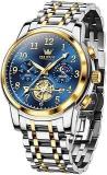 OLEVS Men's Business Watch Gold Blue With Large Easy Read Analog Quartz Date Display Luxury Stainless Steel Band Waterproof Luminous Hands