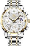 OLEVS Mens Watches Chronograph Diamond Quartz Date Calendar Moon Phase Luxury Two Tone Stainless Steel Waterproof Luminous Business Wrist Watch