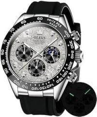 OLEVS Watches for Men Analog Quartz Chronograph Watch Moon Phase Waterproof Black Silicone Diamond Dress Luminous Easy Reader Wrist Watches