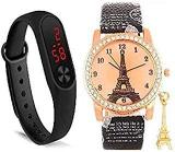 Pass Pass Analog Paris Eiffel Tower And Digital LED Unisex Watch Combo Black