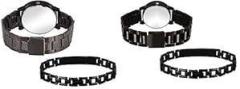 Praizy Times Combo of King Queen Analogue Watch and Bracelet for Men and Women | Combo of King Queen Watch and Black Bracelet for Couple Pack of 4