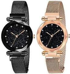 Premium Black Round Diamond Dial with Latest Generation Purple & Rosegold Magnet Belt Analogue Watch for Women Pack of 2 DM PURPLE ROSEGOLD05