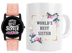 Relish World's Best Sister, Analog Watch with Printed Ceramic Coffee Mug for Girls & Women Gift | Rakhi Gift for Sister | Return Gift