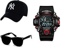 SELLORIA Black Dial Digital Watch with Black Sunglass with Baseball Cap Black