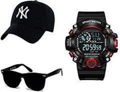 SELLORIA Boy's Combo Pack of Black Dial Digital Watch with Black Sunglass with baseball Cap Black