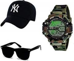 SELLORIA Green Army Watch with Black Sunglass with Baseball Cap Black