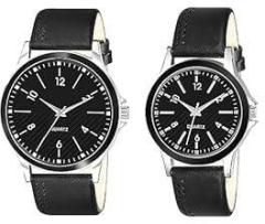 Shocknshop Leather Analogue Unisex Couple Combo Watch For Men & Women White Dial & Black Colored Strap Lr93 340, Black Band