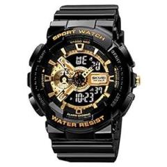 SKMEI Resin Men Digital Sports Watch, Led Square Large Face Analog Quartz Wrist Watch With Multi Time Zone Waterproof Stopwatch, Gold Dial, Black Band