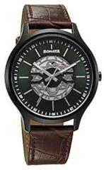 Sonata Green Dial Analog Watch for Men 7140NL06 Genuine Leather, Brown Strap