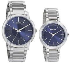 Sonata Quartz Analog Blue Dial Metal Strap Watch for Couple NR770318141SM01P