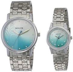 Sonata Quartz Analog Silver Dial Metal Strap Watch for Couple NS10138925SM01P