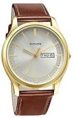 Sonata Quartz Analog with Day and Date Champagne Dial Leather Strap Watch for Men NS77082YL06W