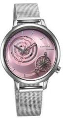 Sonata Unveil Quartz Analog Pink Dial Stainless Steel Strap Watch for Women 8190SM01