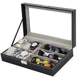 Styleys Watch Box For Men, 6 Slot Watch Display Case, Watch Organizer Box Watch Case Box, 6 Watch And 3 Sunglasses Box And Watch Storage Case Black W75B