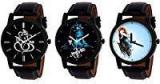 Swadesi Stuff Analogue Black Leather Strap Designer Lord Shiva Mahadev Ganpati Om Unisex Watches Combo Of 3