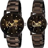 SWADESI STUFF Black King Queen Dial Round Shape Stainless Steel Strap Analog Couple Watch For Men And Women Combo Of 2