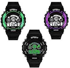 SWADESI STUFF Digital Sport Boys & Girls Watch Multi Dial Black Colored Strap Set of 3