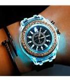 Swadesi Stuff Geneva Led Light Diamond Studded Analogue Dial Crystal Rubber Strap Blue Watch For Unisex