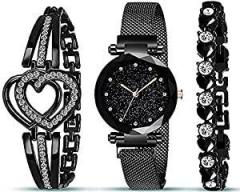 The Shopoholic Branded Analogue Diamond Black Dial Magnet Watch with Gift Bracelet for Women Or Girls and Watch for Girl or Women Combo of 3