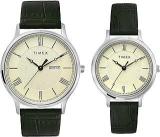 TIMEX Leather Unisex Pairs Beige Round Analog Brass Dial Watch Tw00Pr299