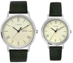 TIMEX Leather Unisex Pairs Beige Round Analog Brass Dial Watch Tw00Pr299