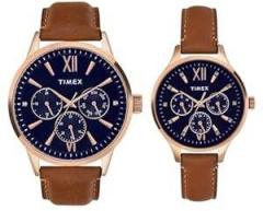 TIMEX Leather Unisex Pairs Blue Round Multifunction Dial Analog Watch Tw00Pr302