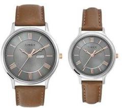 TIMEX Leather Unisex Pairs Grey Round Analog Brass Dial Watch Tw00Pr300