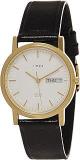 TIMEX Men's Leather Classics Quartz Analog White Dial Round Case Day Date Function Watch A500, Band Color Black