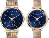 TIMEX Stainless Steel Unisex Fashion Collection Multifunction Pair'S Analog Blue Dial Coloured Quartz Watch, Round Dial With 43 Mm Case Width Tw00Pr293