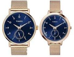 TIMEX Stainless Steel Unisex Fashion Collection Multifunction Pair'S Analog Blue Dial Coloured Quartz Watch, Round Dial with 43 Mm Case Width Tw00Pr293