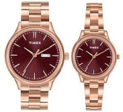 TIMEX Unisex Adult Stainless Steel Burgundy Round Analog Pair Analogue Watch Tw00Zp005, Band Color:Rose Gold