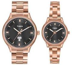 TIMEX Unisex Adult Unisex Stainless Steel Black Round Analog Pair Analogue Watch Tw00Zp009, Band Color:Rose Gold