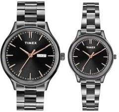 TIMEX Unisex Stainless Steel Black Dial&Band Round Analog Pair Watch Tw00Zp007