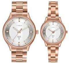 TIMEX Unisex Stainless Steel Silver Dial Round Analog Pair Watch Tw00Zp008, Band Color Rose Gold