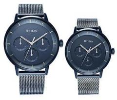 Titan Modern Bandhan Blue Dial Quartz Multifunction Stainless Steel Strap Watch for Couple NS9400694206QM01P