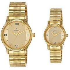 Titan Quartz Analog Champagne Dial Metal Strap Watch for Couple NR15802490YM02P