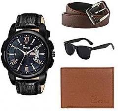 Zesta Combo Set of Leather Analogue Black Dial Watch with A Wallet, Belt and A Sunglass for Men & Boys