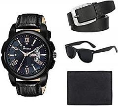 Zesta Men's Set of Black Analog Watch with A Wallet, Belt and Sunglass