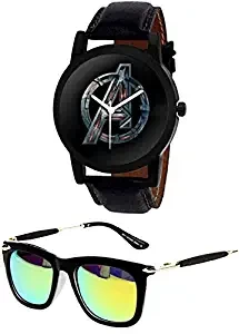 Analog Avenger Black Dial Strap Watch for Boy & Men with Aviator Sunglasses for Men's and Boy's Black, YNK 0320 WCH40