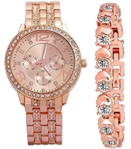 Diamond Studded Analogue Watch with Rose Gold Dot Bracelet